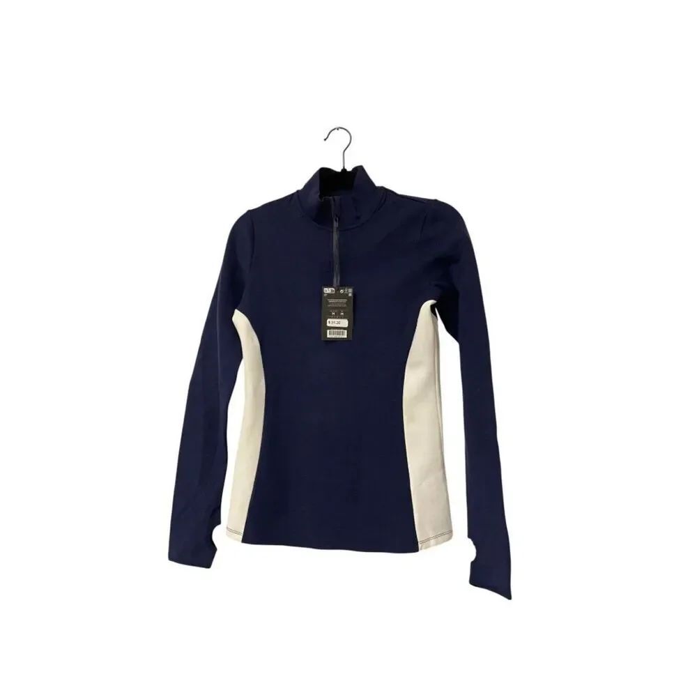 Oysho Women Top Shirt Active Base Layer 1/4 Zip M Navy Blue White 0262/645 NWT